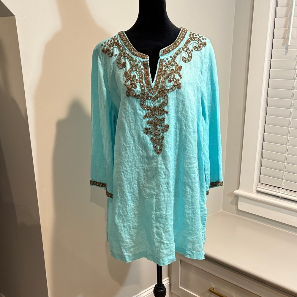Chico's Aqua Tunic with Gold Embroidery